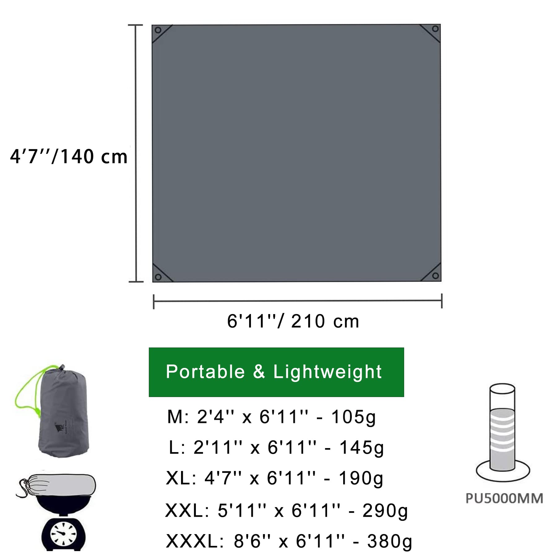 GEERTOP Lona de Suelo 20D para Tiendas de Campaña Impermeable Ultra Ligera 2 Personas - Talla 140 x 210 cm (170g) - Toldo Tarp para Senderismo y Campamentos