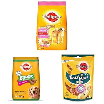 Pedigree Dry Food for Puppy, Chicken & Milk Flavour, 1.2kg & Biscrok Biscuit Treats for Dogs (Above 4 Months), Milk & Chicken Flavour, 500g Pack & Tasty Minis Treats for Puppy, Chicken Flavour, 125g