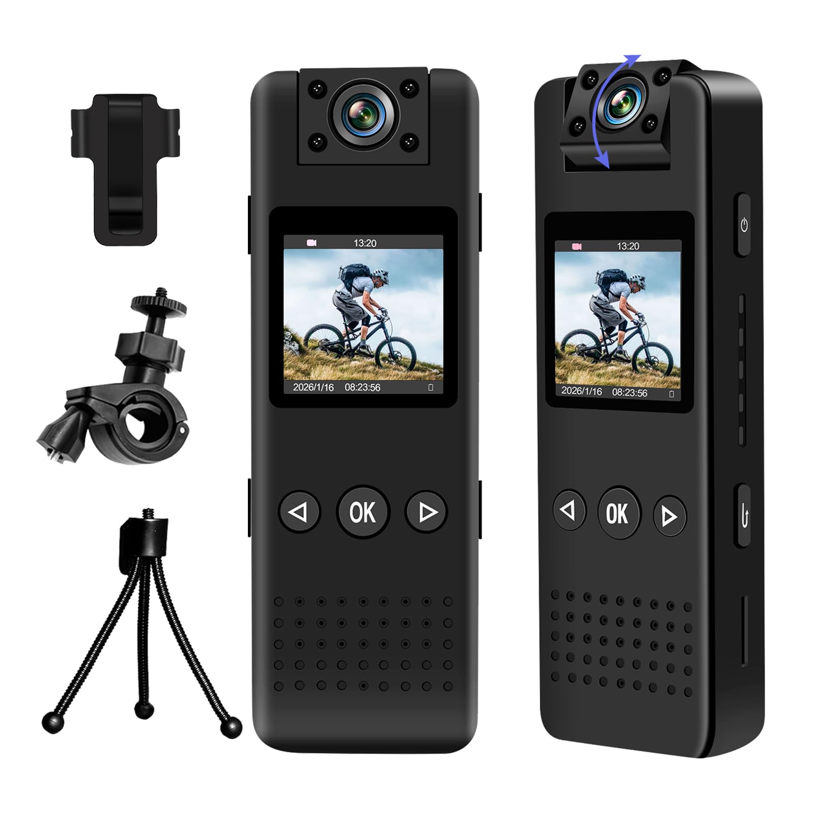 Mini Body Cam HD 1080P, Action Cam Portatile, Telecamera Casco Moto con Audio Rotazione di 180°con Visione Notturna Rilevamento del Movimento per Vlog, Ciclismo, ecc. Attività al chiuso/all'aperto