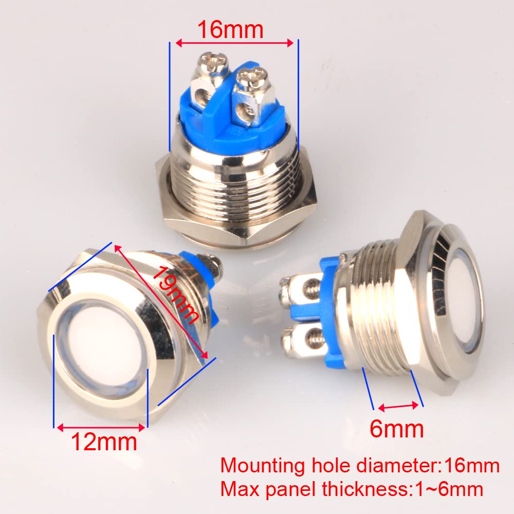 Lot 5 Lampes LED Métal 16mm 12-24V Étanches - Indicateurs Rouge Jaune Bleu Vert Blanc