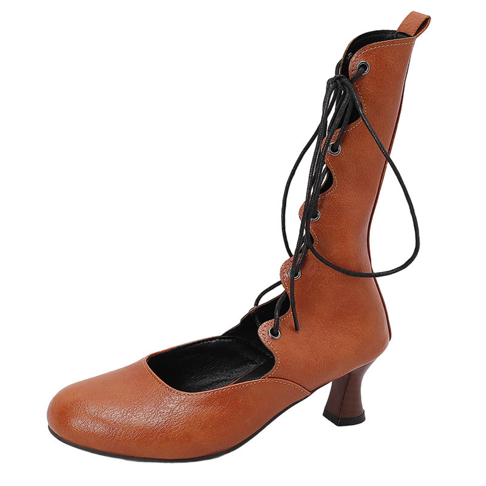 Womens Retro Chunky Heel Ankle Boots - Adjustable Strap Round Toe Roman Boots for All-Day Comfort