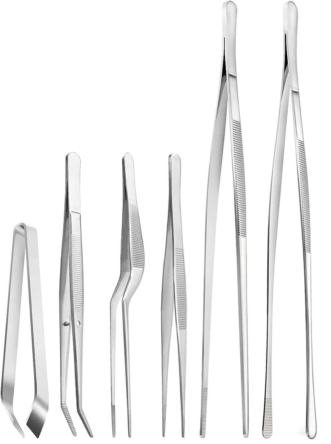 6 Pcs Cooking Tweezer Tongs, 12'' and 6.3" Stainless Steel Kitchen Tweezer Set, Professional Chef Tweezers for Cooking, Repairing, Sea Food, BBQ, Multi-use