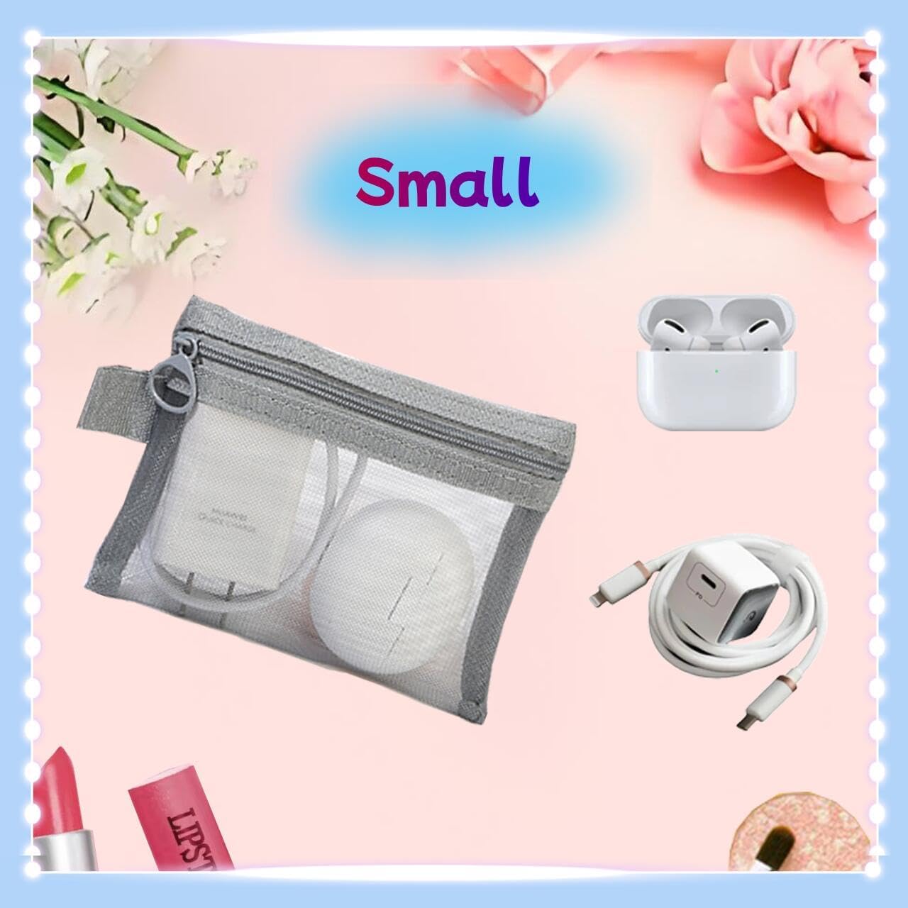 5PCS Small Mesh Bags with Zipper, Cosmetic Pouch Bag with Zipper for Purse, Small Travel Kit Storage Pouch for Purse (Gray Side-Pull) image 5