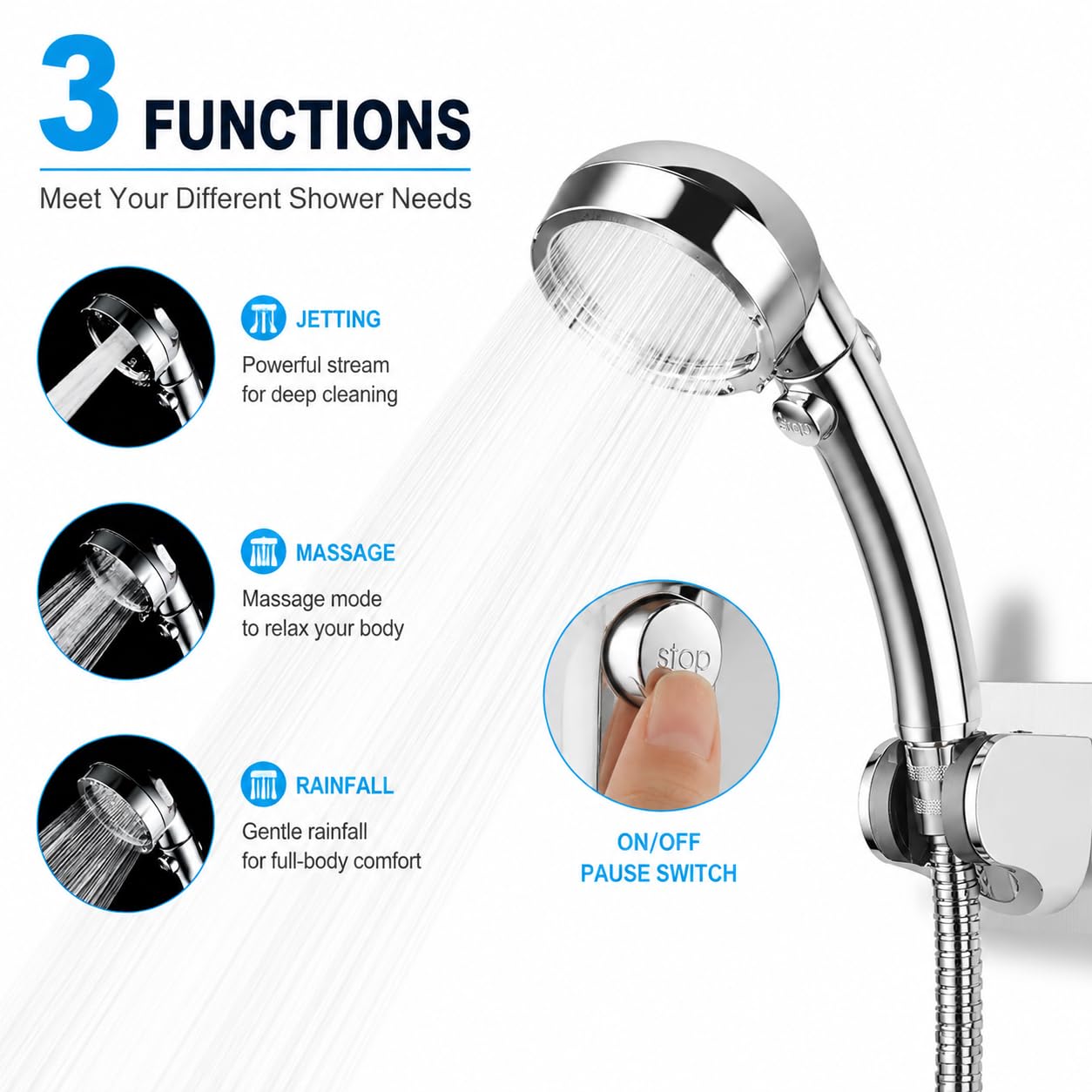 Doccetta a mano con tubo flessibile, soffione doccia a 3 livelli, doccia a