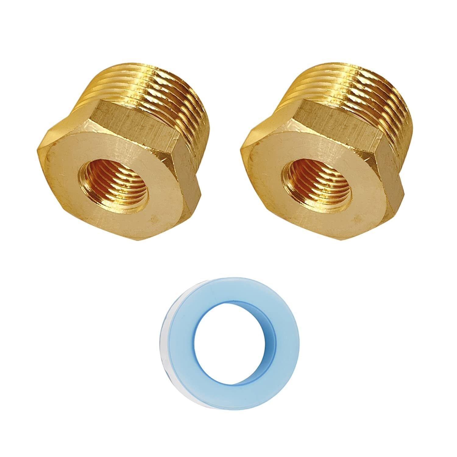 Reductor de Casquillo Hexagonal de Latón 2 Piezas, 3/4" NPT Macho a 1/4" NPT Hembra, con Cinta de Sellado