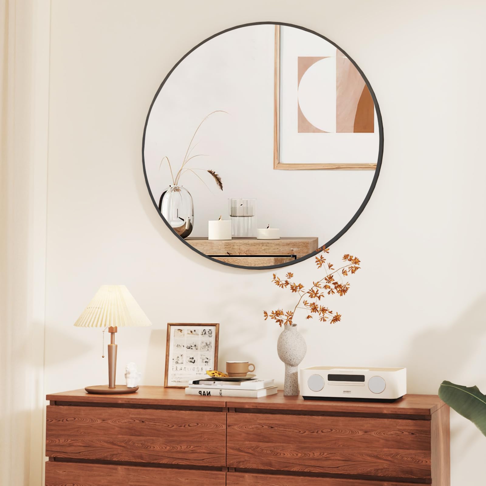 80 cm Specchio Rotondo, Specchio Rotondo da Parete, Cornice in Lega di Alluminio, Vetro Temperato, per Bagno, Soggiorno, Decorazione Ingresso