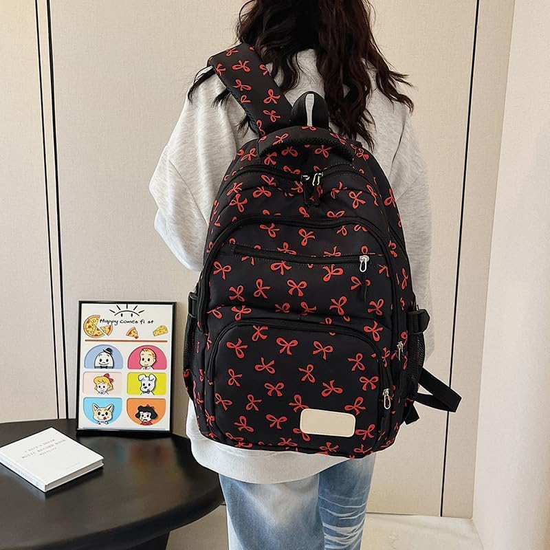 Bow Backpack for Women Coquettes Aesthetic Nylon Rucksack Cute Kawaii Backpack 3Pcs Set With Bow Pattern Red4