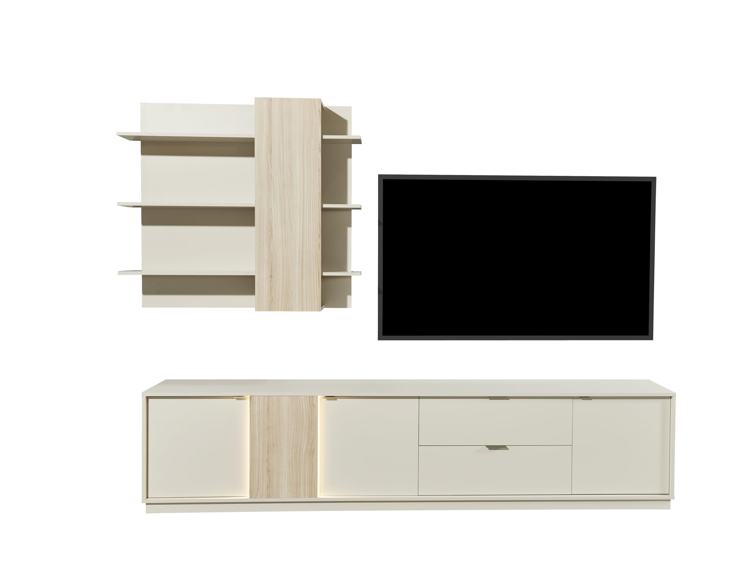 AVANTI TRENDSTORE - Ciampino - Parete da soggiorno in laminato cashmere/riva oak, composta da un mobile Tv, scaffale a parete e illuminazione a LED. Dimensioni ca. LAP 238x202x40 cm