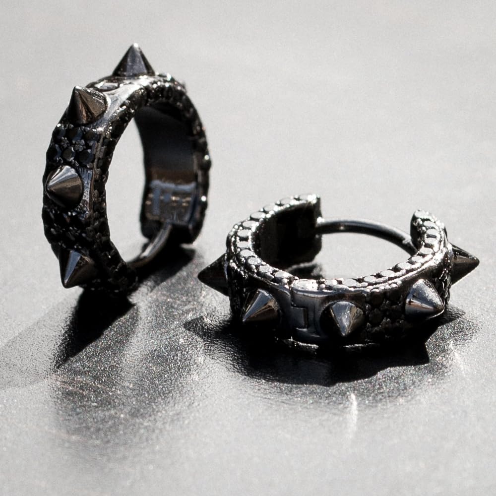 Orecchini a cerchio da uomo in argento Sterling placcato nero con zirconi cubici incastonati, Small, Argento sterling, Zirconia cubica