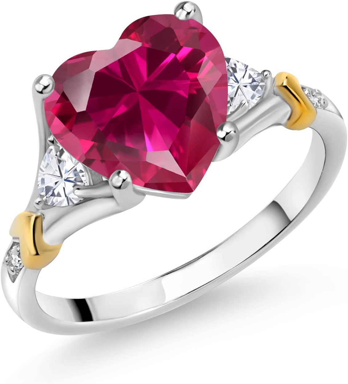 Gem Stone King Customized and Personalized 3-Stone Ring For Women | 10MM Heart | 3.5MM Trillion | 925 Sterling Silver and 10K Yellow Gold | Gemstone Birthstone and White Diamond | Size 5, 6, 7, 8, 9