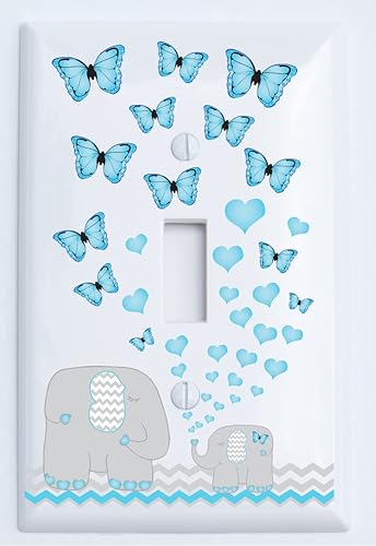 Placa de interruptor de luz con corazones de mariposa azul y elefante, cubierta de salida para decoración de guardería con Chevrons (palanca