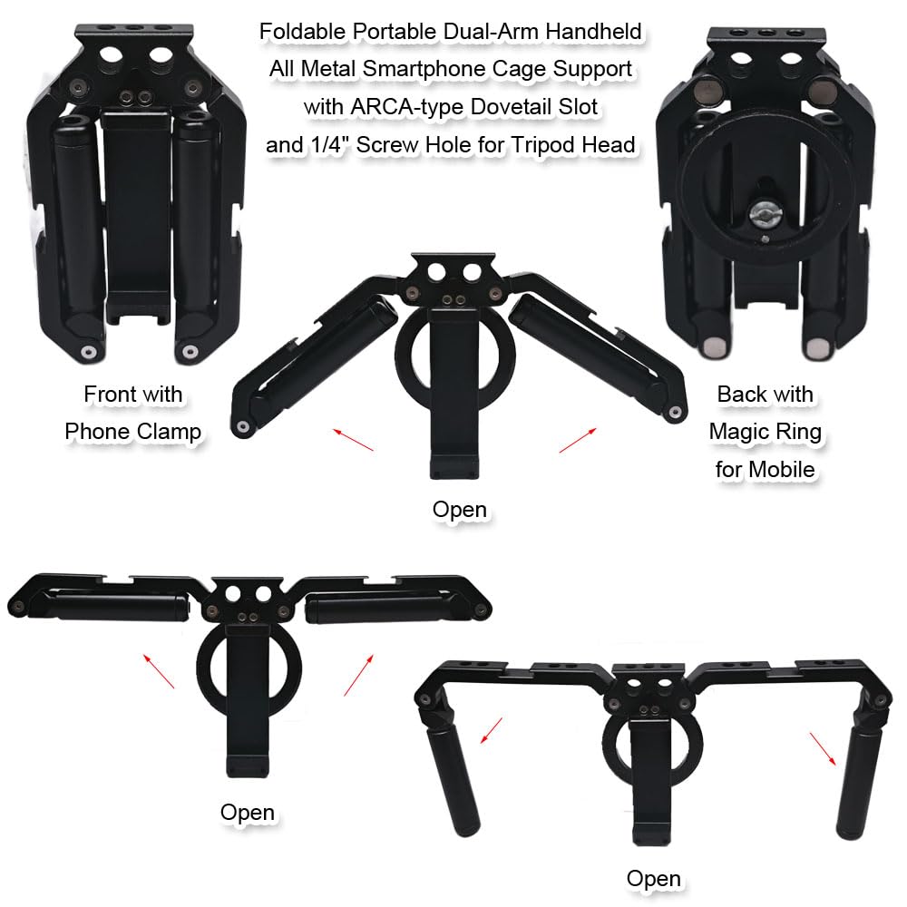 Supporto doppio stabilizzatore in metallo per smartphone, gabbia universale per fotografia per treppiede, morsetto e anello magnetico, supporto per 2 cellulari riprese video verticali e orizzontali