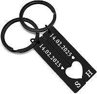 Personalized Matching Couple Keychains - Custom Heart 2pc Set, Engraved Names Dates for Valentine's Anniversary Wedding Gifts | EDSG