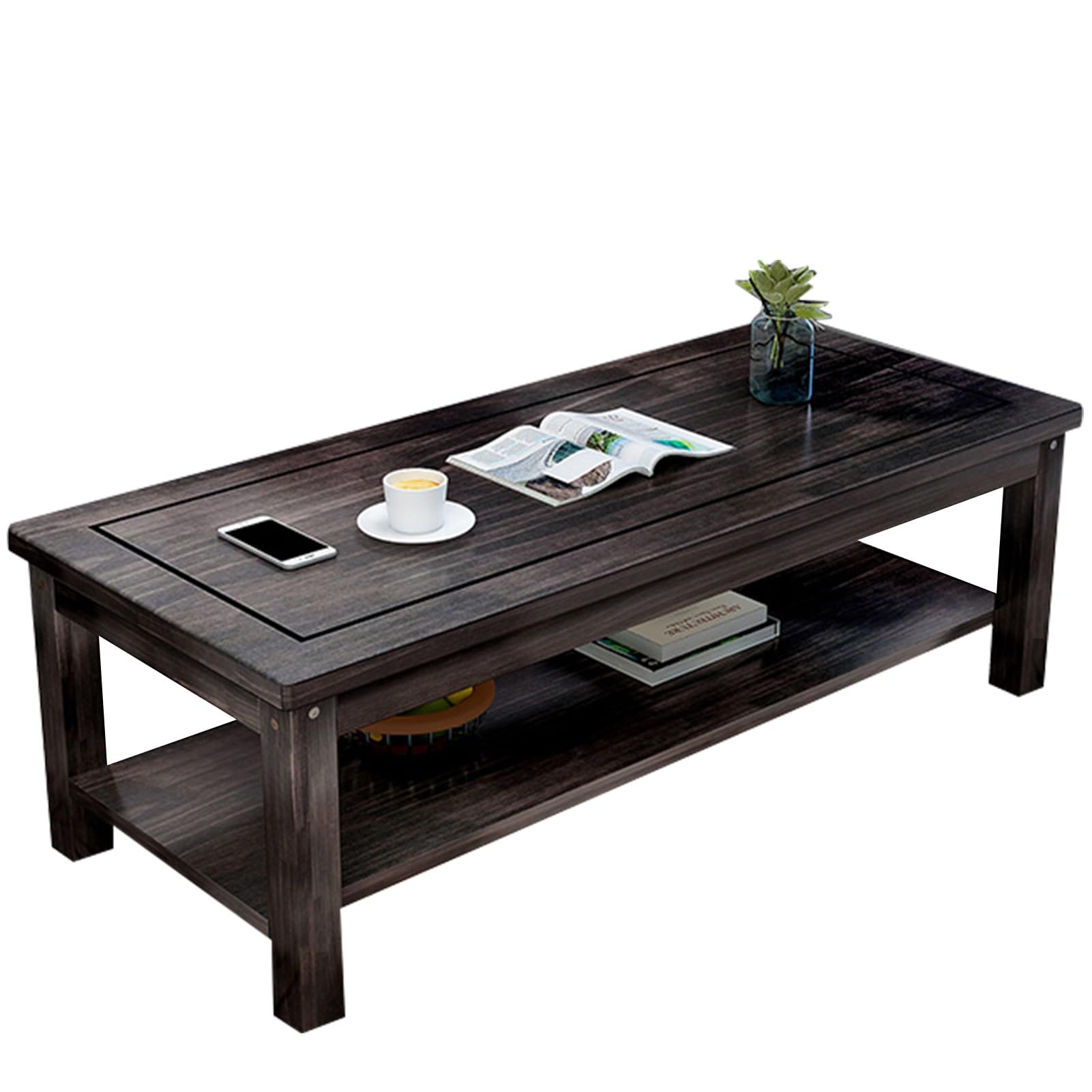 Table basse bois massif écologique à double étagère gain de place