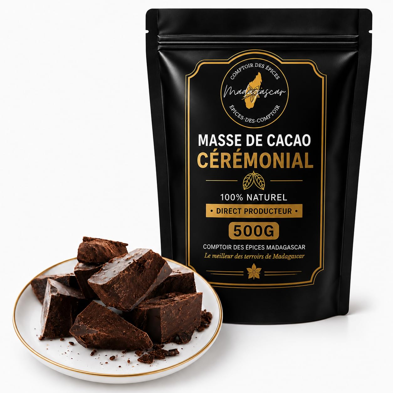 Masse de Cacao Cérémonial 500g – 100% Pur + Poudre Vanille Bourbon BIO 10g Offerte – Direct Producteur – Notre Coopérative – COMPTOIR DES EPICES MADAGASCAR