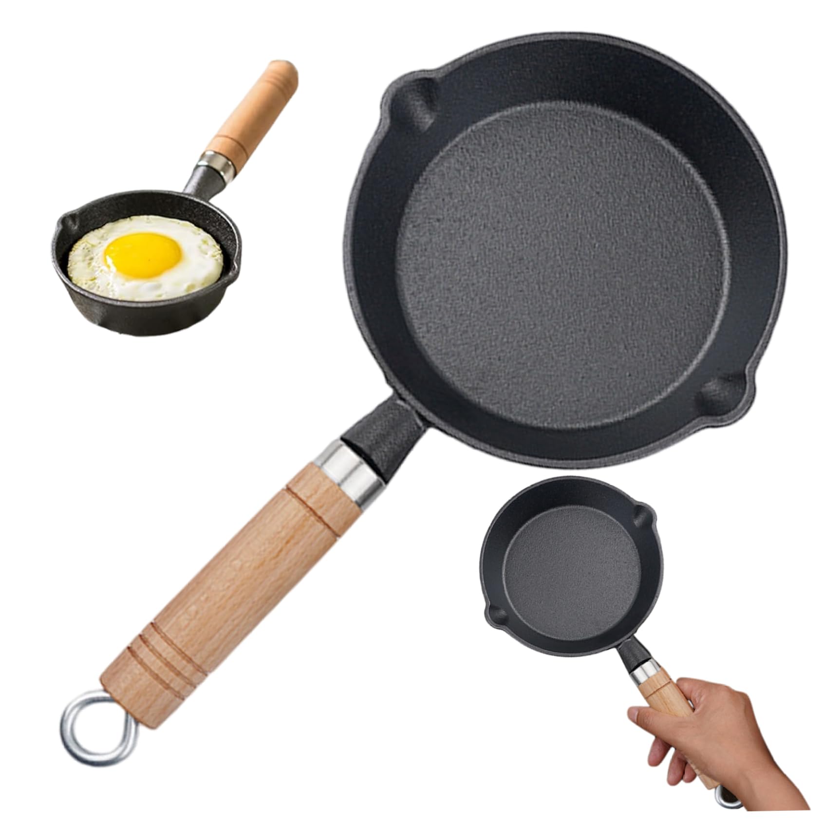 Poêle en fonte de 6 pouces avec bec verseur et manche bois pour cuisson œuf