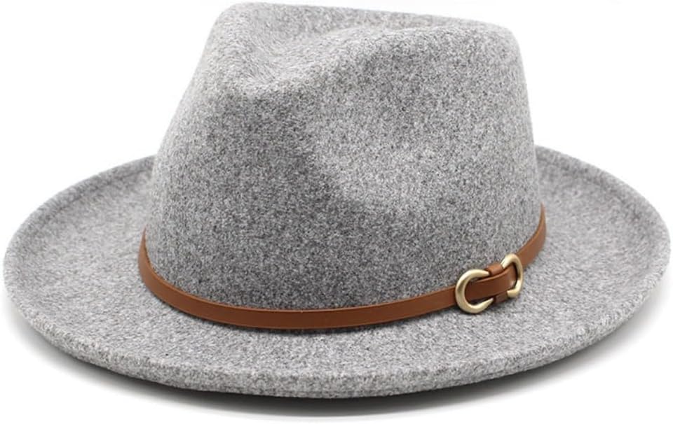 Classic Wool Fedora Hat, Gray with Leather Band, Wide Brim, Western Style