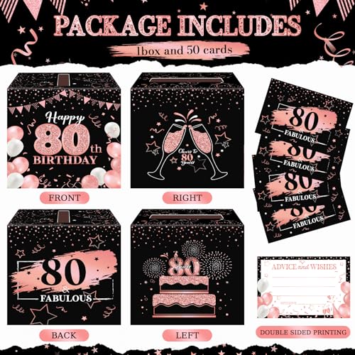 Image of Funrous 80th Birthday Party Message Card Box Cheers to 80 Years Black Rose Gold Advice and Wishes Greeting Card Memory Box for Women Birthday Decorations Party Supplies Anniversary Tables Sign Decor