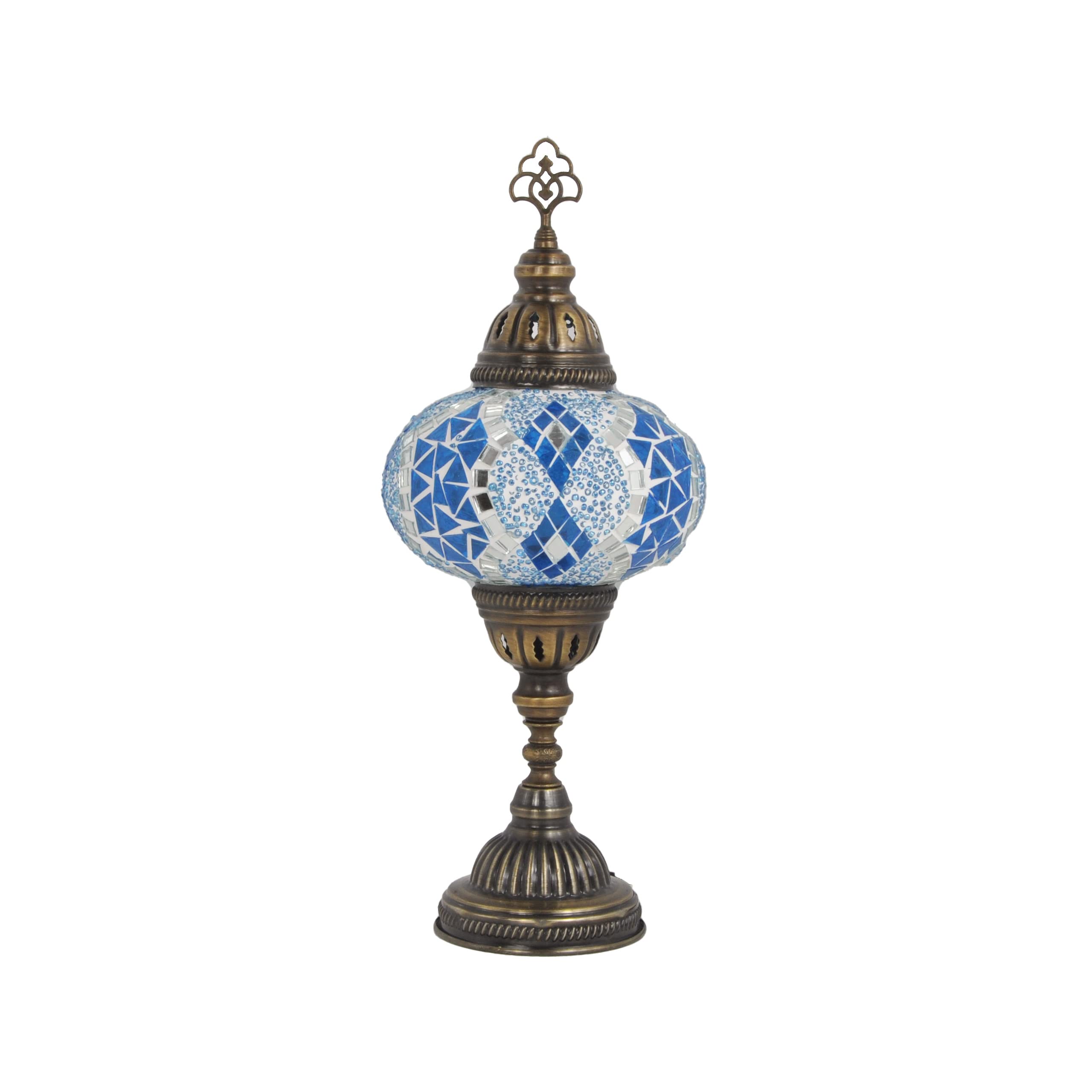 MOSLAND HOME 10 Variation Turkish Lamp Mosaic Table Lamps | Turkish Moroccan Lamp with Bronze Base | Handmade Tiffany Night Lamp | Mosaic Glass Bedside Night Lamp with Led Bulb (Blue)