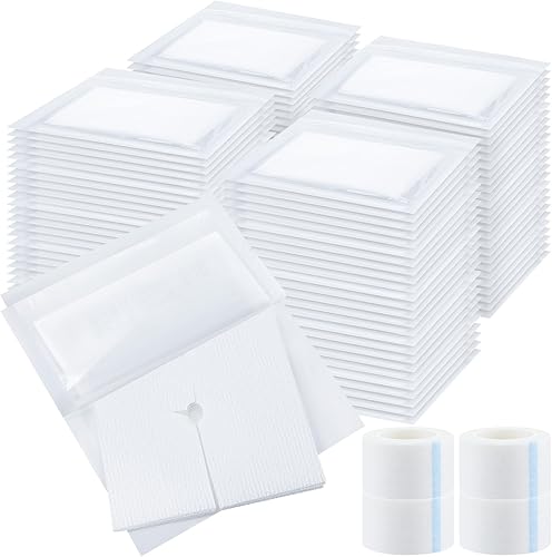 Timgle 200 piezas de almohadillas de gasa divididas de 2" x 2" de 6 capas, esponjas de drenaje divididas de gasa no tejida con 2 rollos de cinta