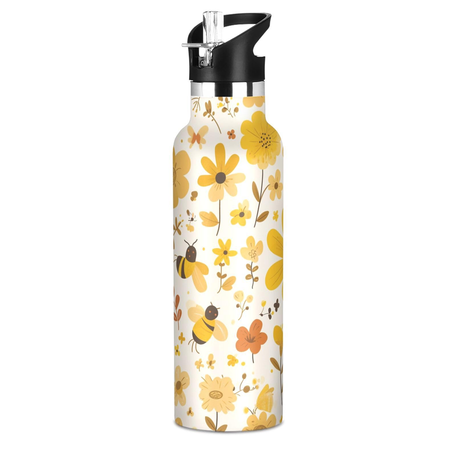 Kaaviyo Boys Pattern Bright Flowers Happy Bees Water Bottle Stainless Steel Jug Insulated Vacuum Cup For Girls(600Ml)