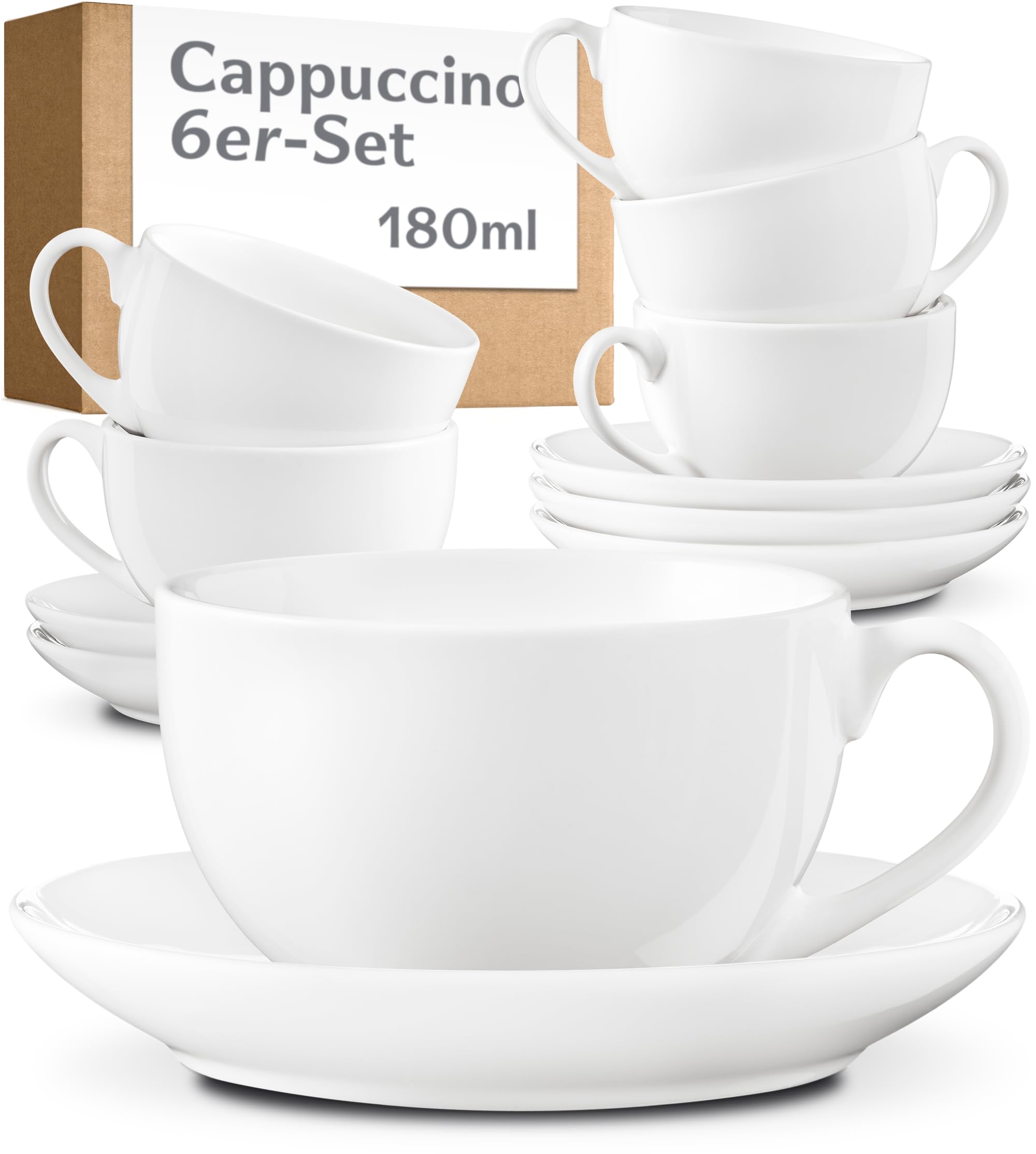 Cosumy Cappuccino Tassen Set 6er mit Untertassen – Kaffeetassen Keramik Weiß – Hält Lange Warm – Spülmaschinenfest – Kaffee Tassen Sets & Kaffeetasse Modern – Kaffeeservice Geschenkidee -180ml
