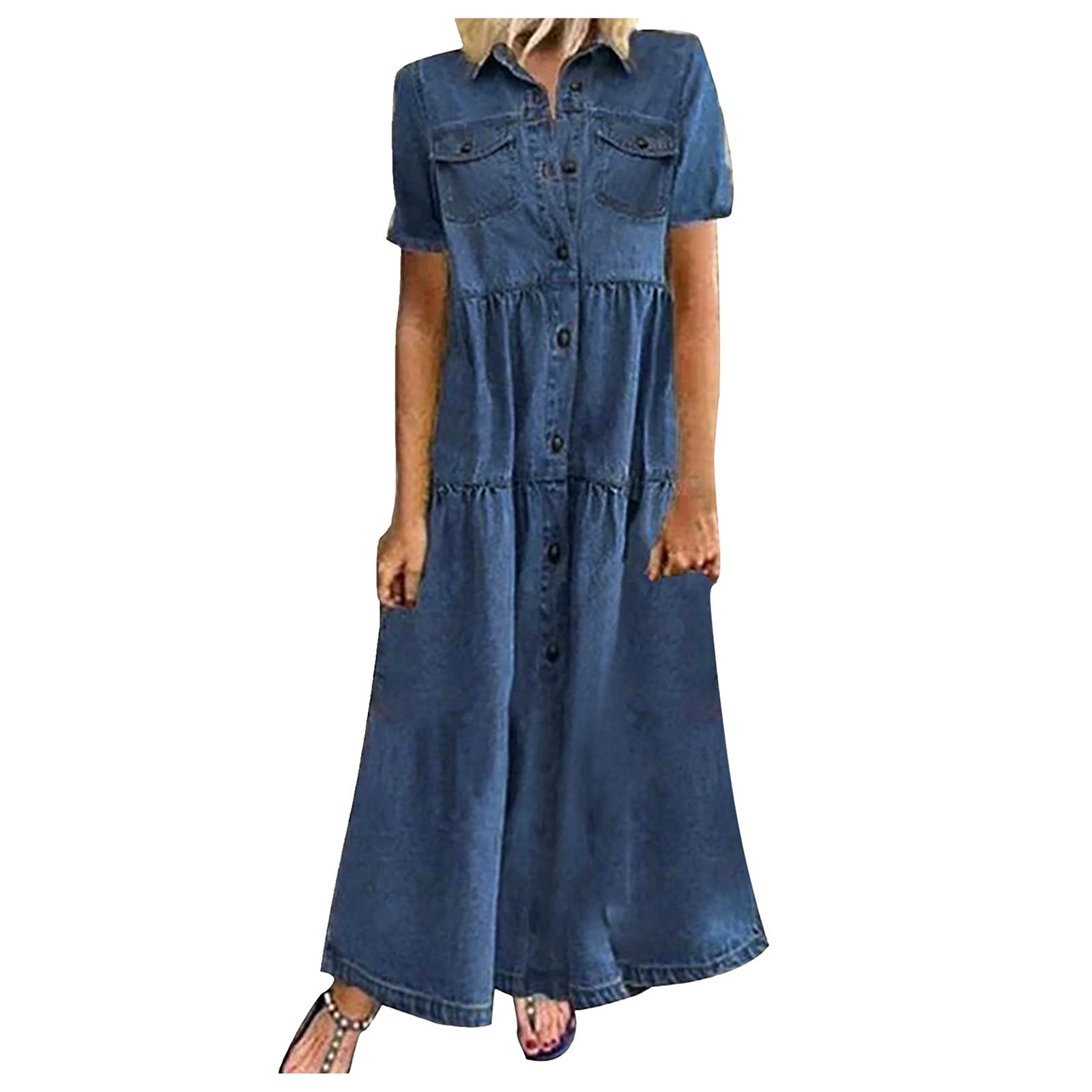 Abito in Jeans con bottoni, a maniche corte, da donna, elegante, elegante, sciolto, casual, abito lungo blu con tasche sexy a schiena scoperta, sottile, di grandi dimensioni, a buon mercato,
