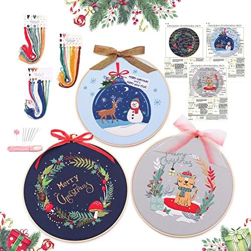 Harimau 3 in Beginner Embroidery Kit,Christmas Pattern,Cross Stitch Kits , Including Stamped Embroidery Cloth with 3 Embroidery Hoops, Color Threads and Embroidery Kits, Gray