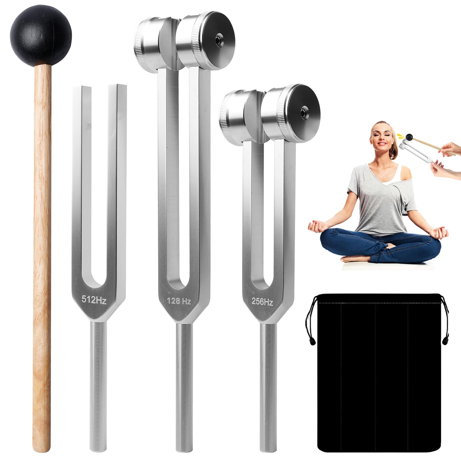 Juego de martillo de horquilla: 3 diapasones de 128 Hz, 256 Hz, 512 Hz, juego de diapasones con mazo + bolsa de tela, diapasones de instrumento, respuesta de frecuencia precisa para terapia de