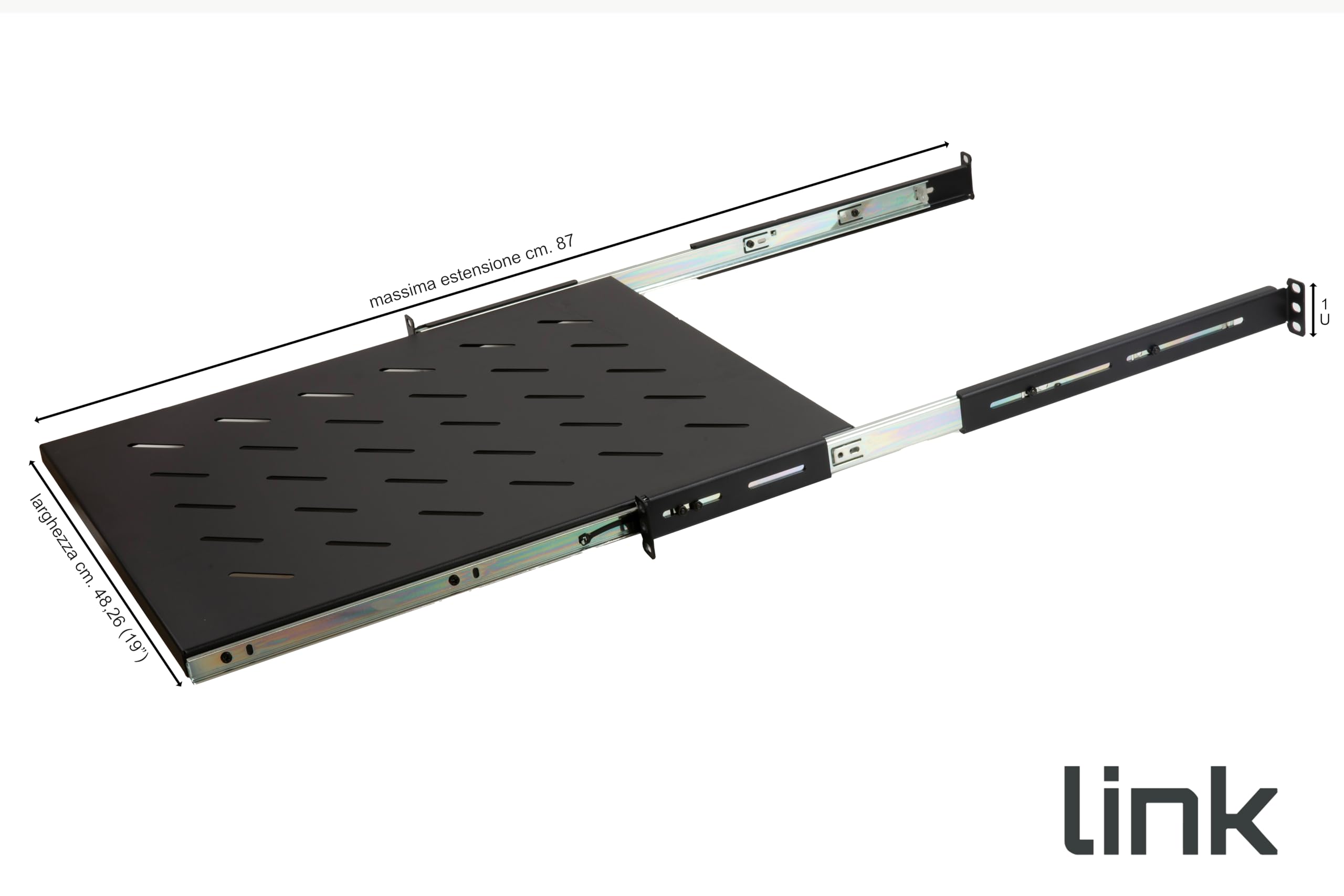 LINK LKRIP550EN - Mensola estraibile per armadio rack universale (1U, 550 mm, nero grigio RAL9005) – Acciaio traforato per ventilazione – Distanza montanti regolabile e viti incluse