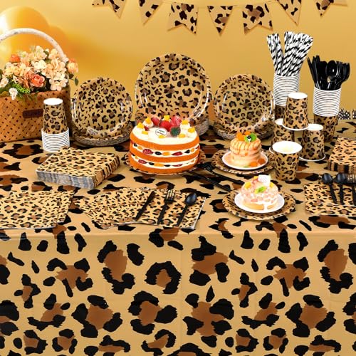 Image of Funnymoom 452 Pcs Leopard Print Party Decoration Cheetah Print Paper Plates Napkins Cups Tablecloth Cutlery Straws Tableware for Jungle Safari Animal Theme Birthday Baby Shower Party Supplies Serve 50