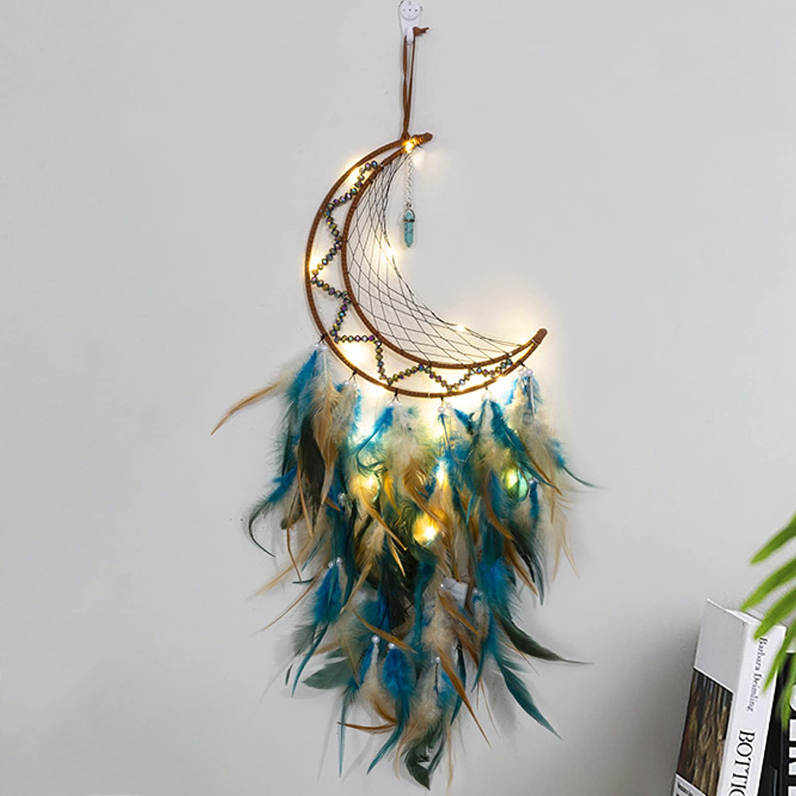 Atrapasueños con luces, tapiz hecho a mano para colgar en la pared, decoración bohemia para sala de estar o dormitorio, regalo único, 23 x 75 cm