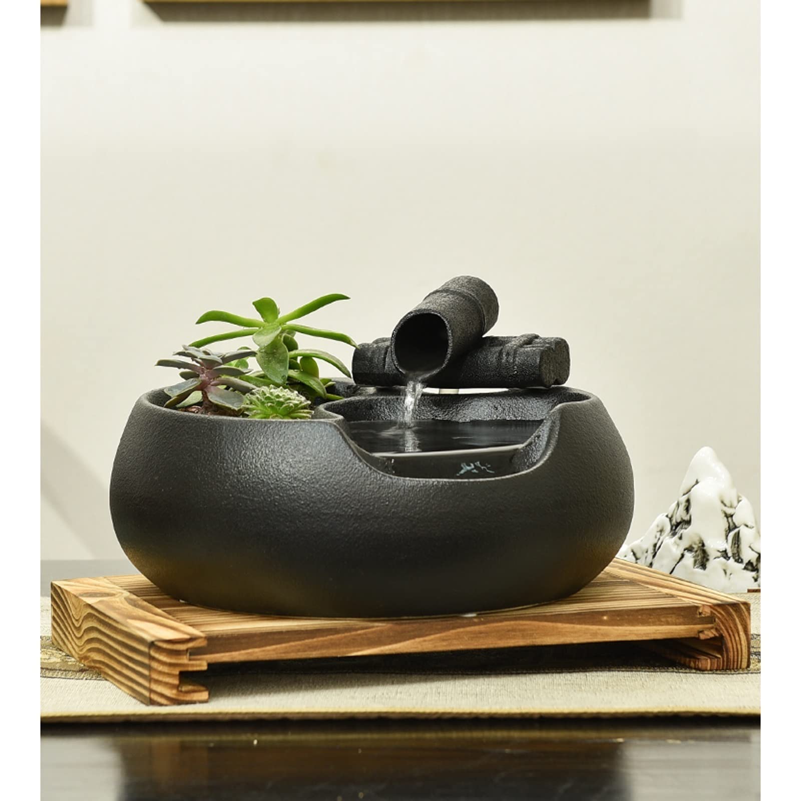 Fuente Decorativa de jardín, Fuente de Agua con Cascada, de cerámica, con Bomba de Agua, Feng Shui Zen, decoración para salón, Dormitorio, Oficina, 31 x 26 x 18 cm, Negro