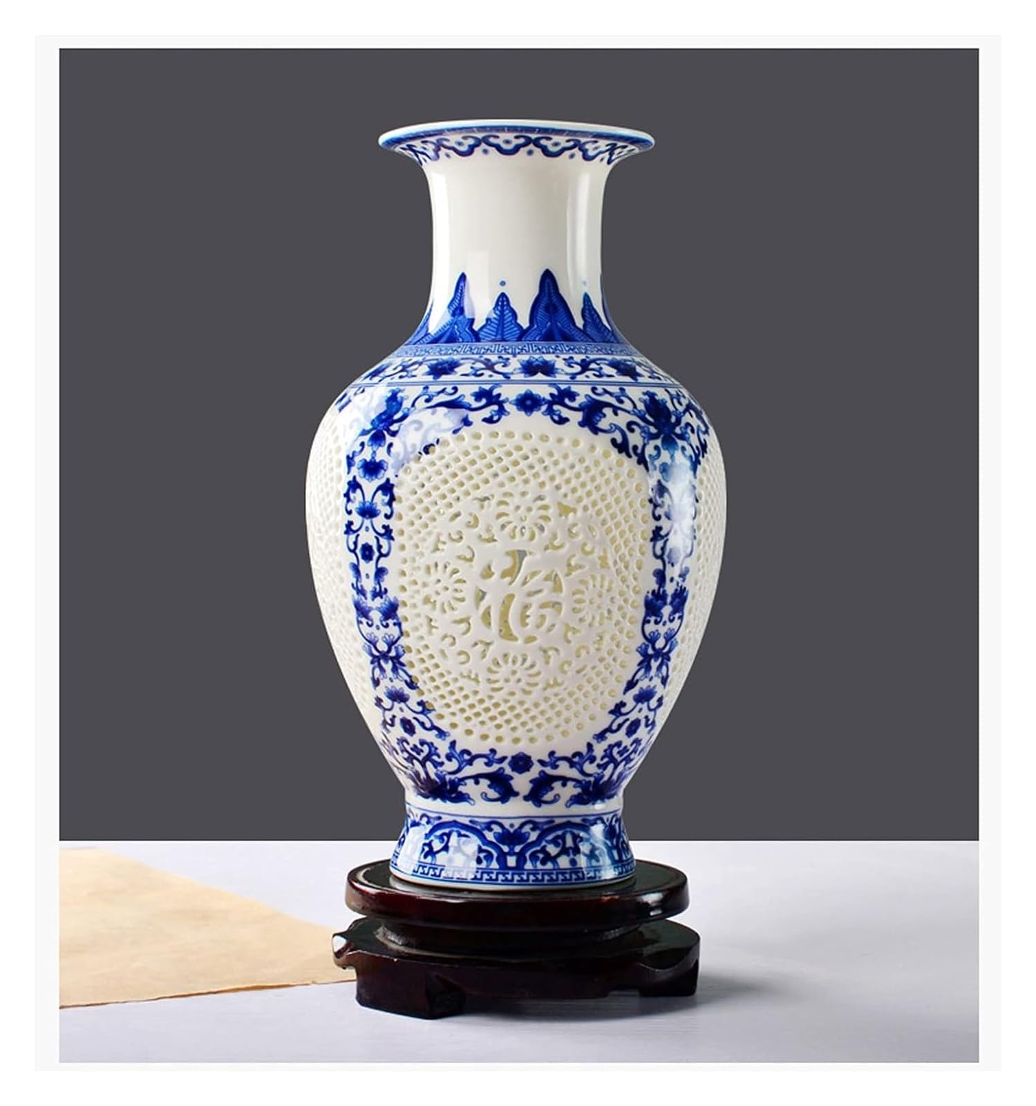 Wazon Wazon stołowy Wazon ceramiczny ręcznie robiony Pusty rzeźbiony Niebiesko-biały Porcelana Klasyczny wazon Salon Gabinet Dekoracja Rękodzieło 24 cm(
