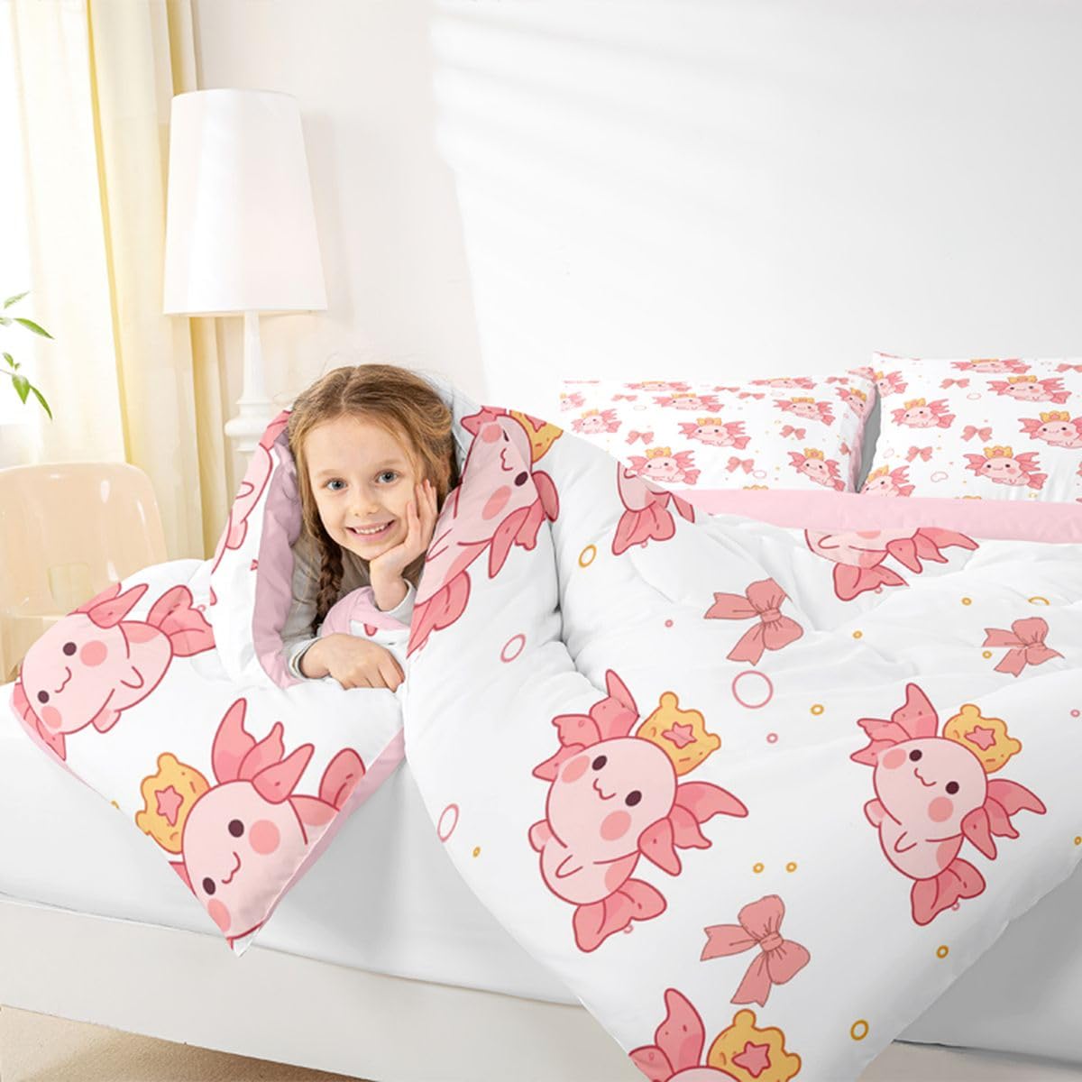 Homewish Kawaii Axolotl zestaw pościeli King Size - Axolotl zestaw pościeli do pływania, różowa kokarda, bąbelkowa kołdra, zwierzęta morskie, poszewka na kołdrę z 2 poszewkami na poduszki