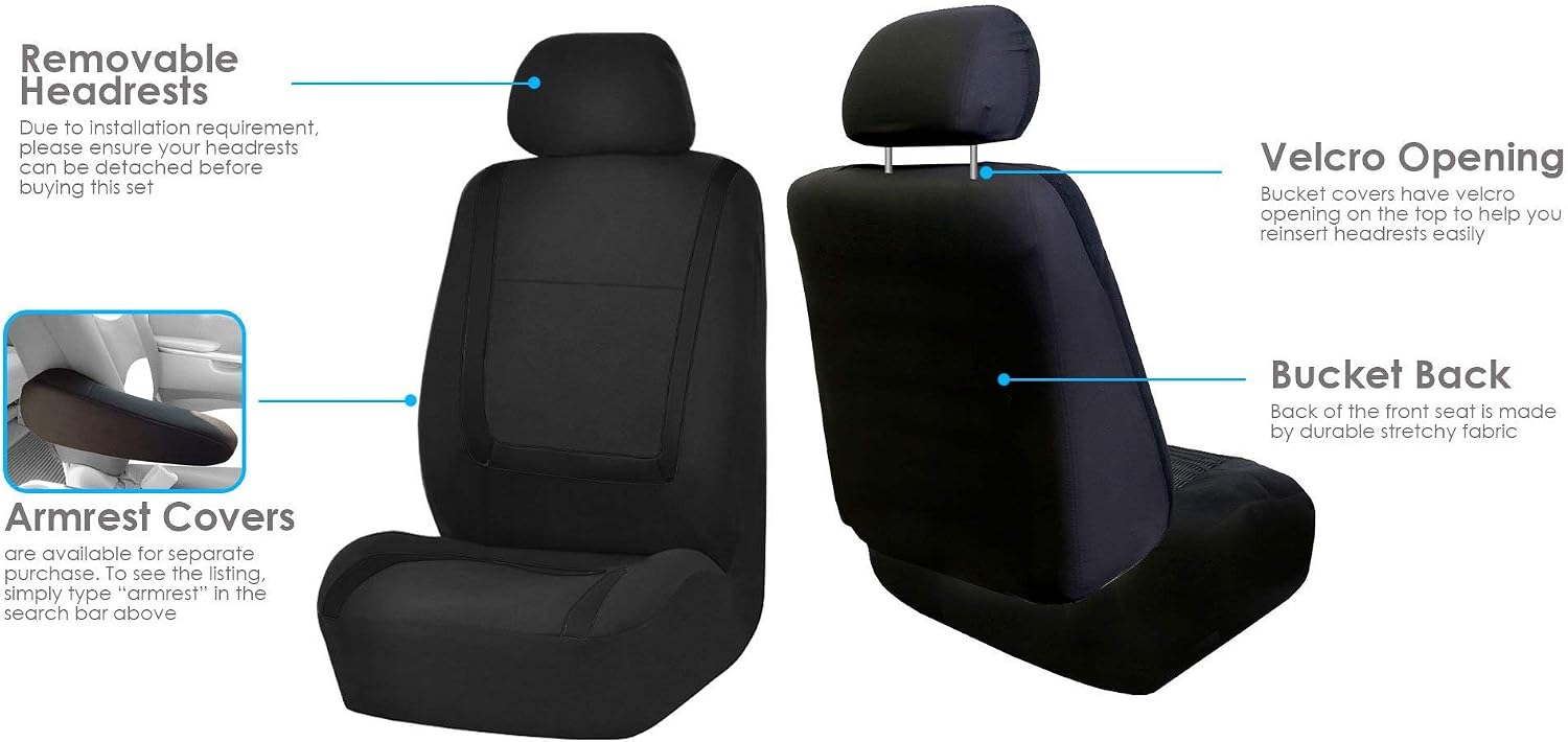 FH Group FB032102 Unique Flat Cloth Seat Covers Pair Set, Solid Black Color - Fit Most Car, Truck, SUV, or Van - with Gift