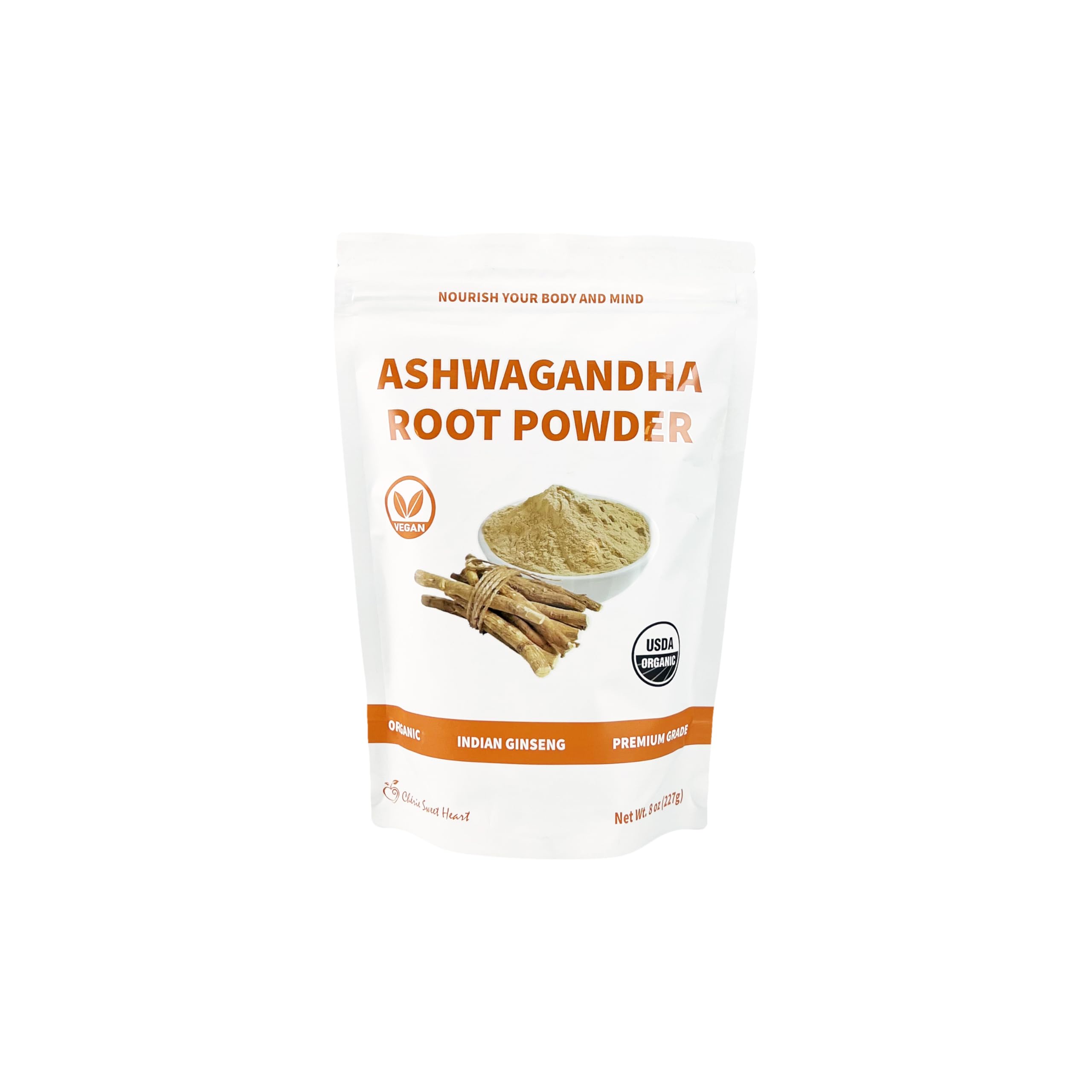 Cherie Sweet Heart Organic Ashwagandha Root Powder, 8oz Resealable Bag 227g