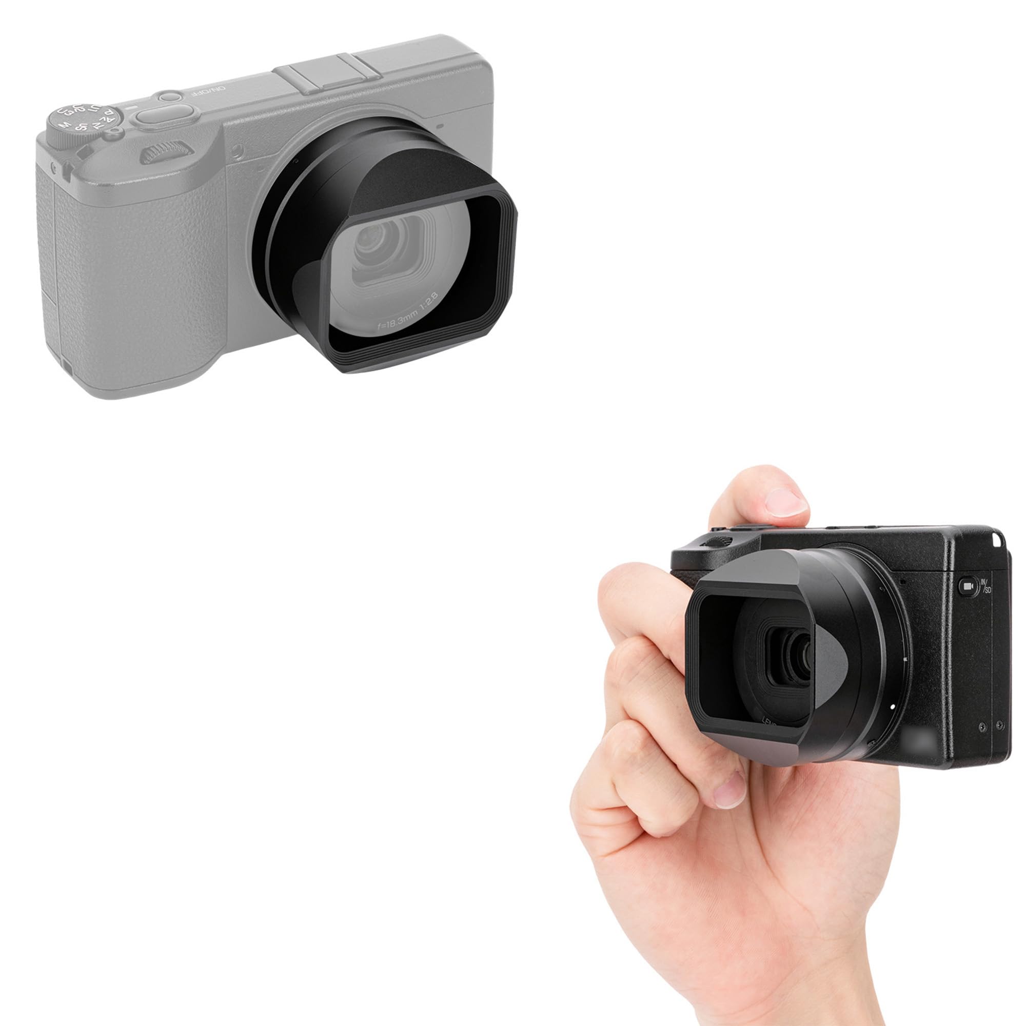JJC Kompatybilna metalowa osłona przeciwsłoneczna z zamkiem kwadratowym do Ricoh GR IV, GR4, GR HDF, monochromatyczna, łatwa instalacja (bez winyetowania)