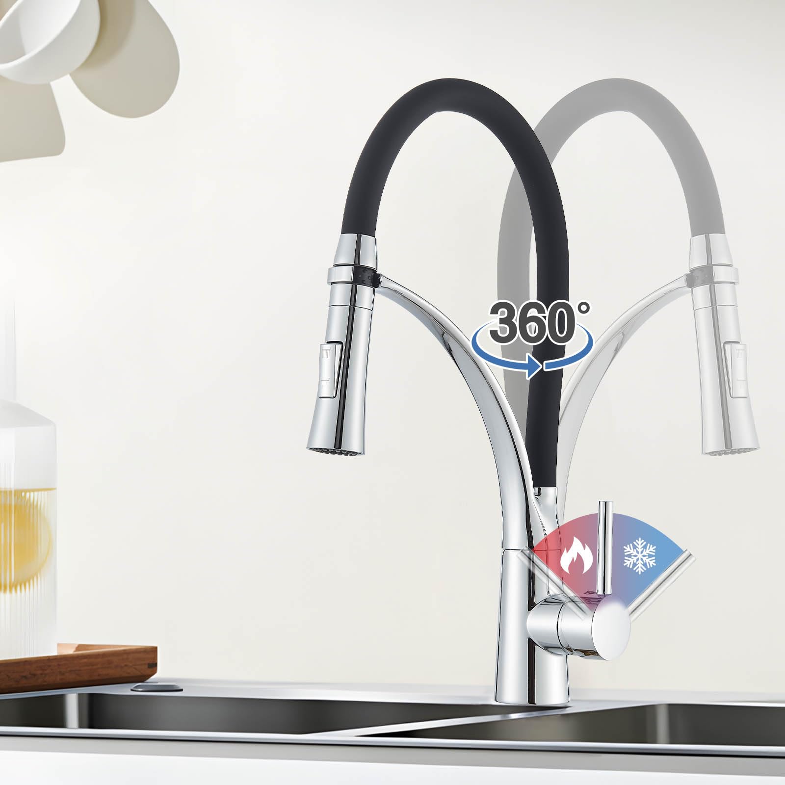 Niederdruck Armatur Küche Spültischarmatur Chrom Flexibler Schwarz 360° Drehbare mit 2 Sprühfunktionen mit Wasserspar Aerator Mischbatterie