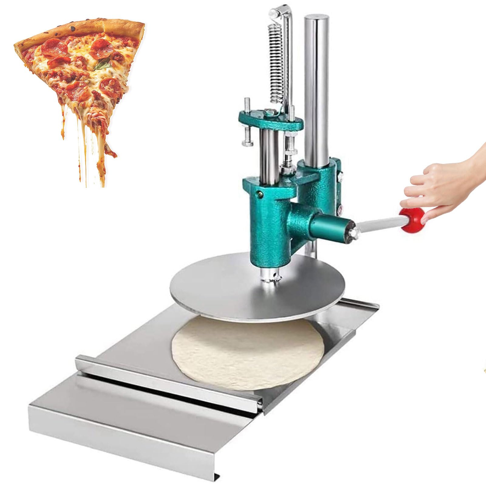 Macchina per la formatura della pizza in acciaio inox, con angolo regolabile e vassoio estraibile per pizza, tortilla, pasticceria