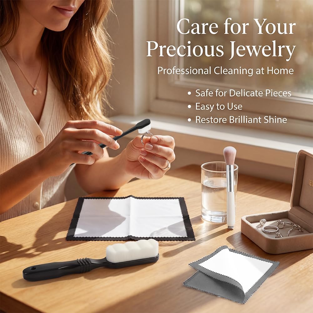 5 Pcs Silver Jewellery Cleaner Kit, Professional Silver Cleaning Kit with Ultra-Soft Brushes & Polish Cloths for Cleaning Gold, Diamonds, Platinum, Gemstones, Coins, All Jewelry