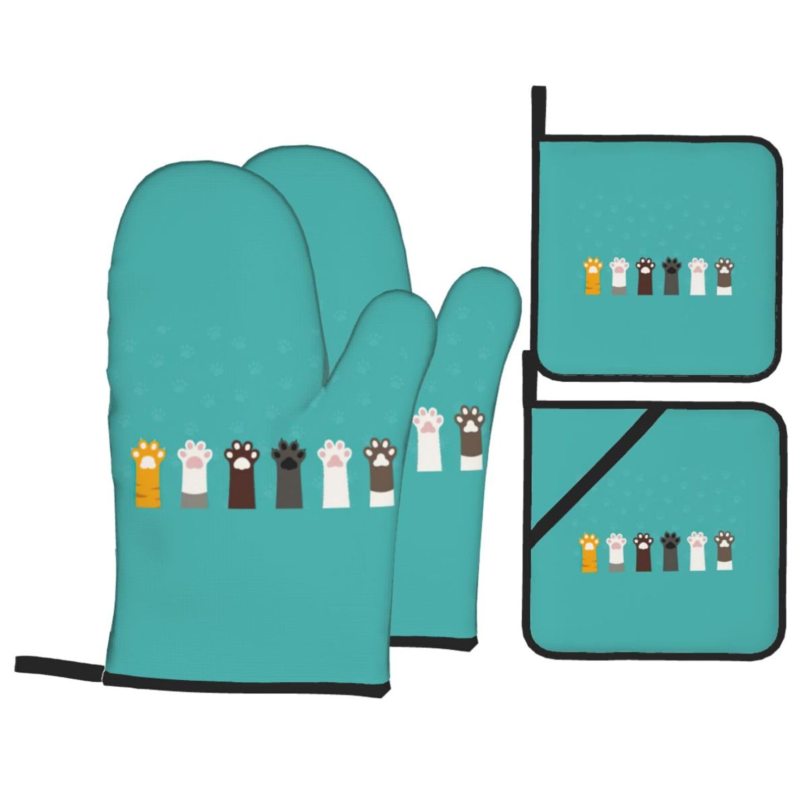 cat paw Print 4-Piece Oven Microwaving Set Kitchen Gloves for Holiday Cooking Baking Grilling