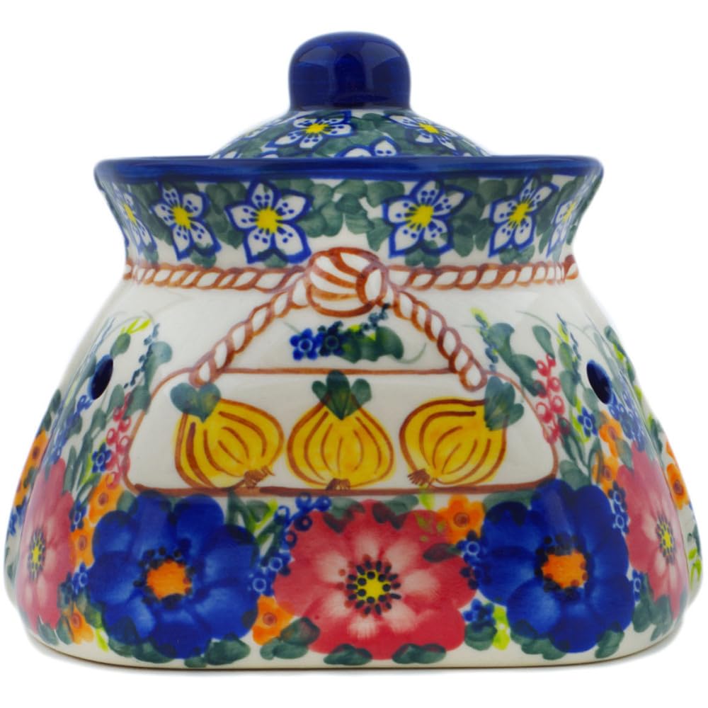 Authentic Polish Pottery Garlic and Onion Jar Signature UNIKAT in Polish Garden Design Handmade in Boles?awiec Poland + Certificate of Authenticity