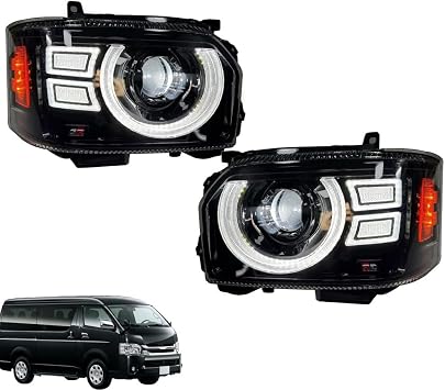 Halo LED Headlamp, Hiace 200 Series, Type 4-7, Black Samurai Hiace LED Sequential Turn Signal, Flowing Turn Signal, Waterproof, New Type, Parts, For Toyota Hiace H200, 2014-2018