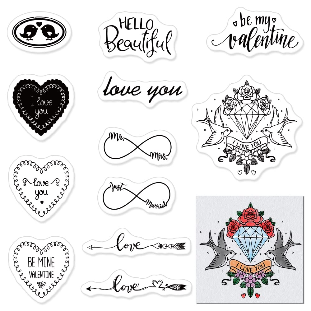 Hying Valentines Love Words Clear Stamps for Card Making Photo Album Decorations, Loving Hearts Stamps Diamond Birds Transparent Rubber Stamps Seal