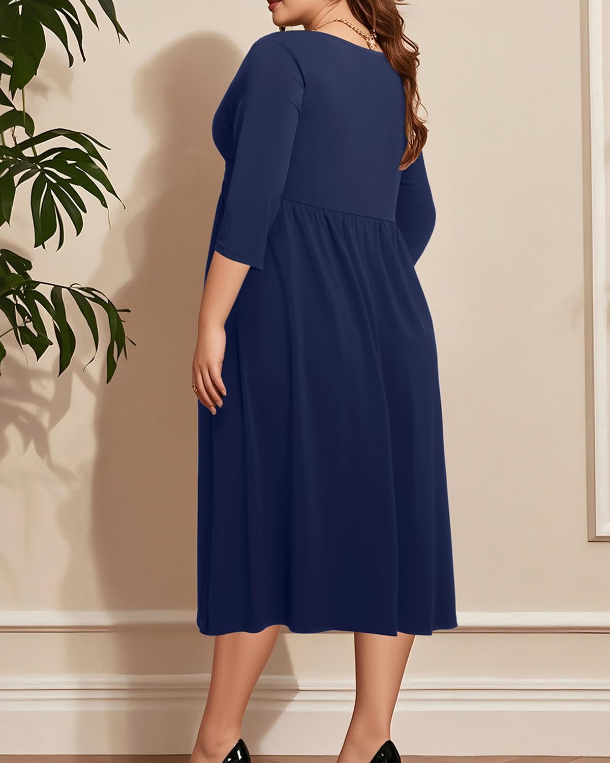 Plus Size Dress for Women Twist Knot V Neck 3/4 Sleeves A Line Wedding Guest Midi Dresses - Image 3