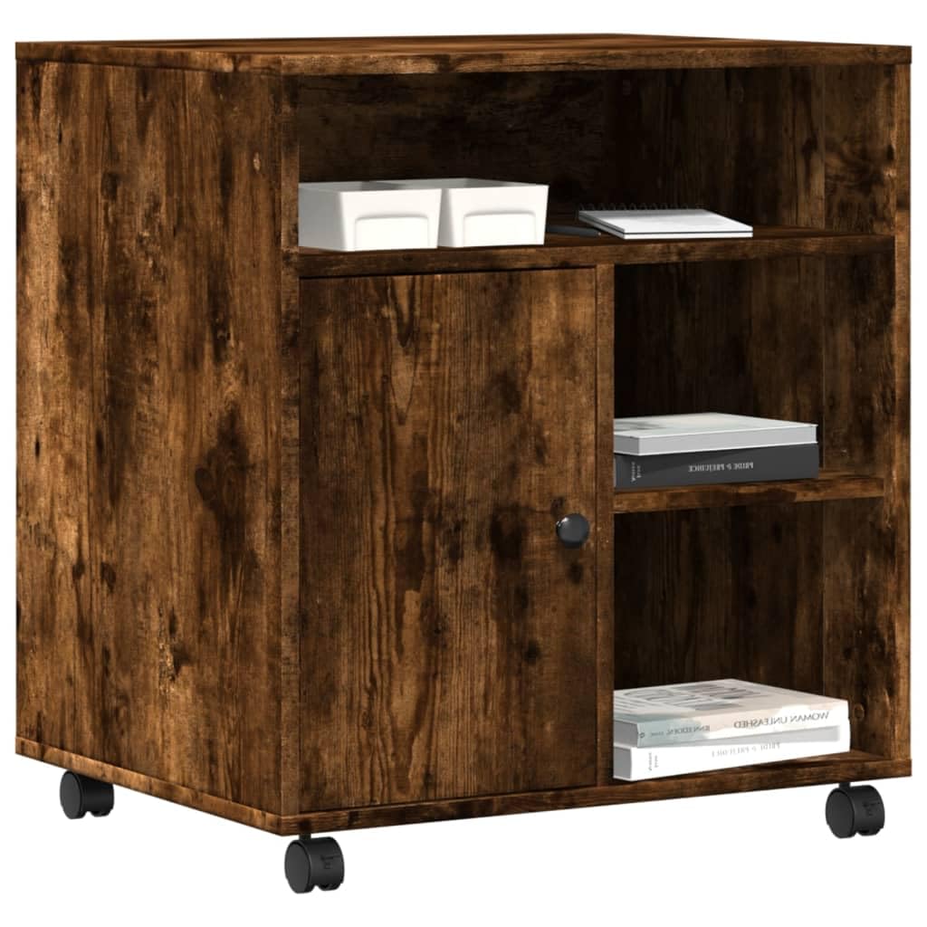 Druckerständer mit Rollen Räuchereiche 60x50x67 cm, Druckerwagen mit Rollen für Büro und Arbeitszimmer, Druckerregal mit viel Stauraum für Akten und Bücher, 2 arretierbare