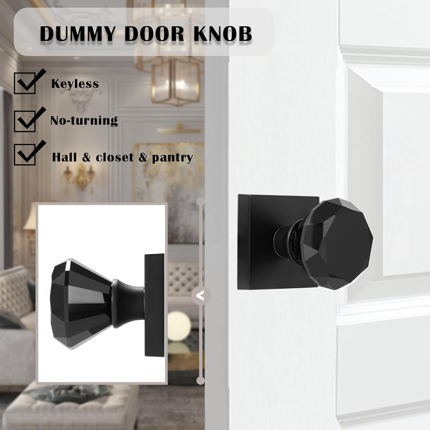 Glass Crystal Dummy Door Knob Interior, Clear Matte Black Diamond Closet Hall Dummy Door Knob Non-Turning Inactive 2 Pack