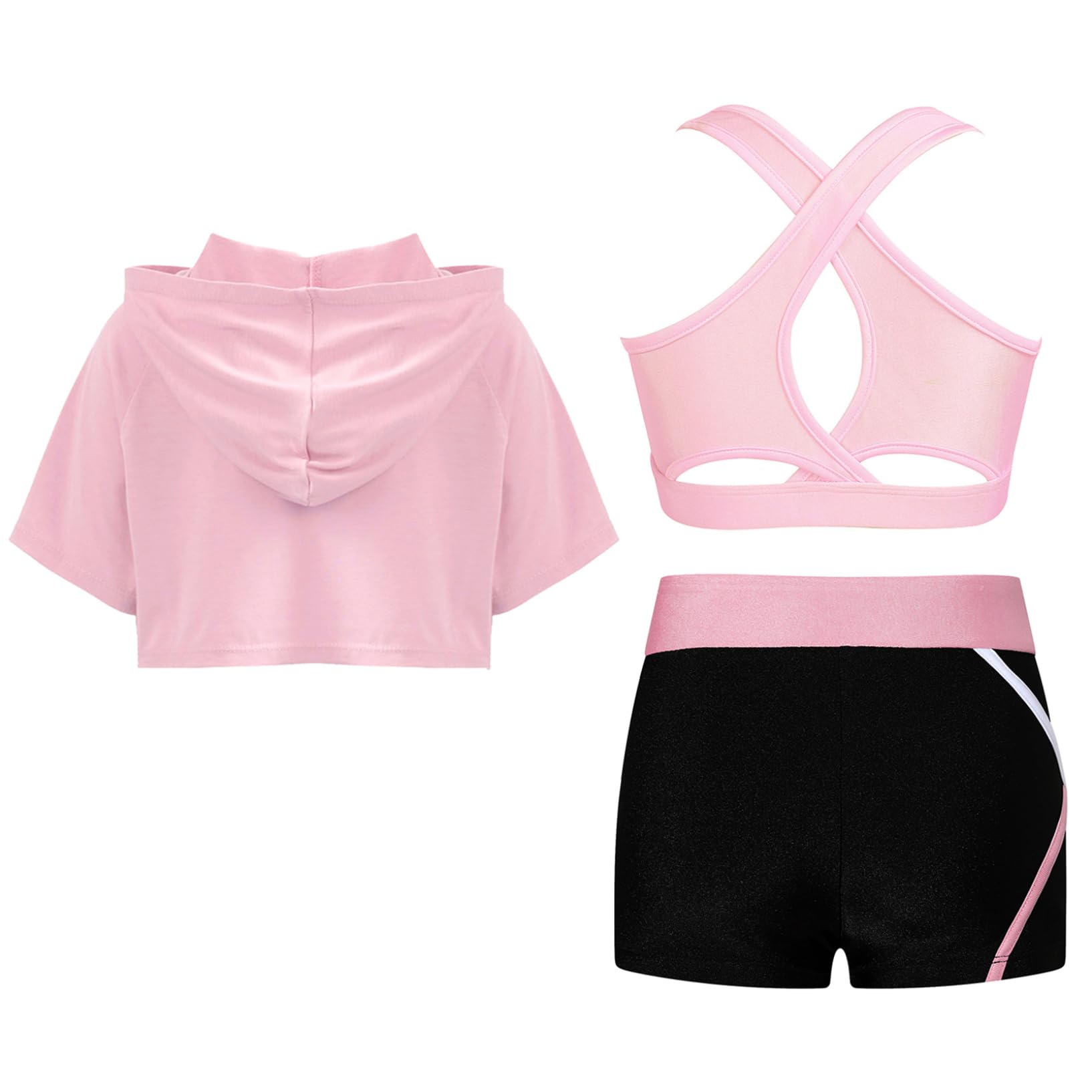 Oyolan Dziecięca dziewczyna zestaw sportowy krótki top bluza z kapturem podkoszulek fitness siłownia joga trening dres lato 5-16 lat