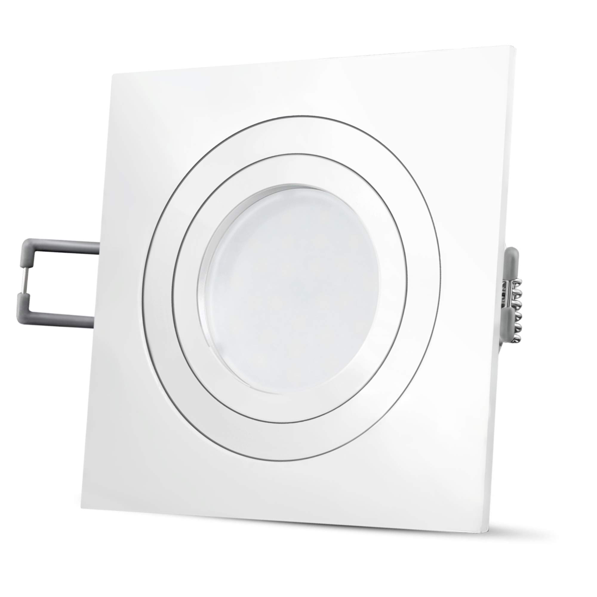 Juego de 6 focos LED empotrables QF-2 en forma cuadrada y orientable, incluye LED Milky GU10, 5 W, 230 V, blanco cálido, foco empotrable mate blanco